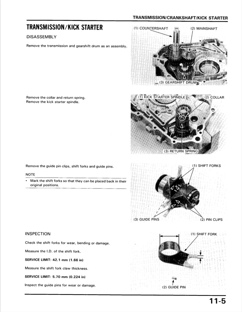 Technical diagram of transmission, crankshaft, and kick starter disassembly and inspection process.