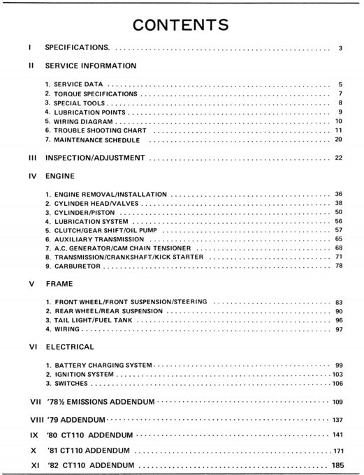 Table of contents for a technical manual on specifications, service information, inspection/adjustment, engine, frame, electrical, and addendums.