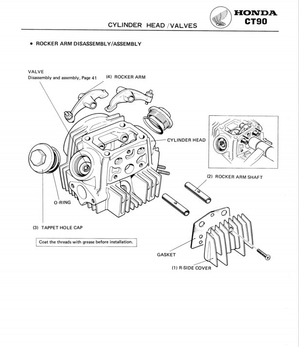 Technical diagram of a Honda CT90 cylinder head and valves assembly with labeled parts.