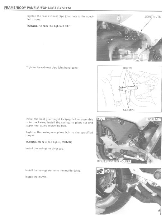 Technical manual page with instructions on installing a motorcycle exhaust system, featuring text and diagrams.