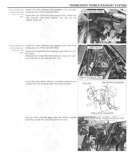 Technical diagram and instructions for installing exhaust system components on a vehicle.