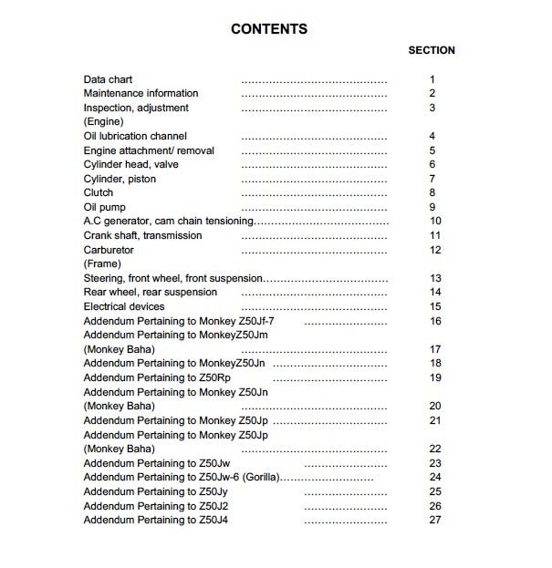 Table of contents for a technical manual on a white background