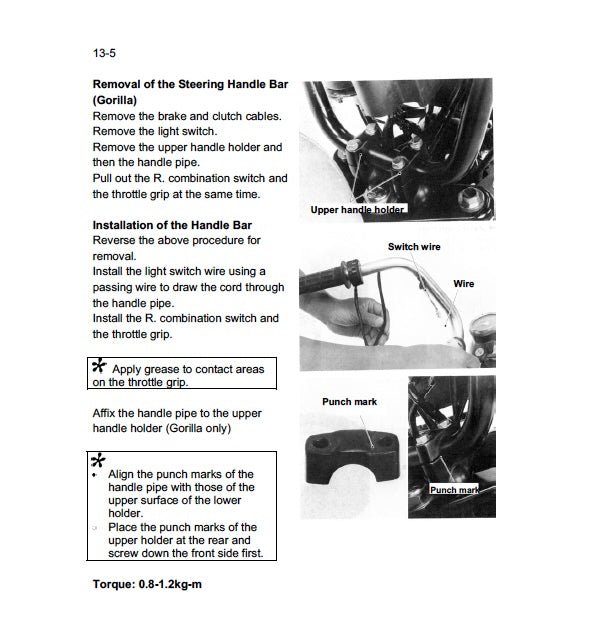 Technical manual page with instructions on removing and installing a motorcycle steering handle bar.