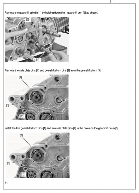 Mechanical diagram of gearshift spindle and drum with text instructions on a white background