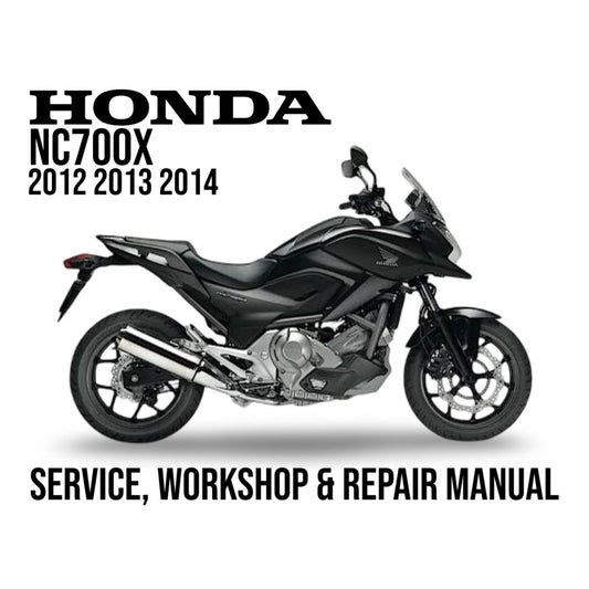 Honda NC700X motorcycle on a white background with text about service, workshop, and repair manual.