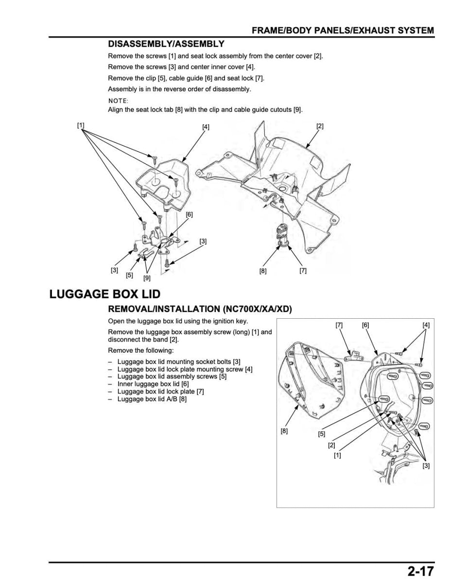 Technical diagram of a motorcycle frame and luggage box lid assembly on a white background.