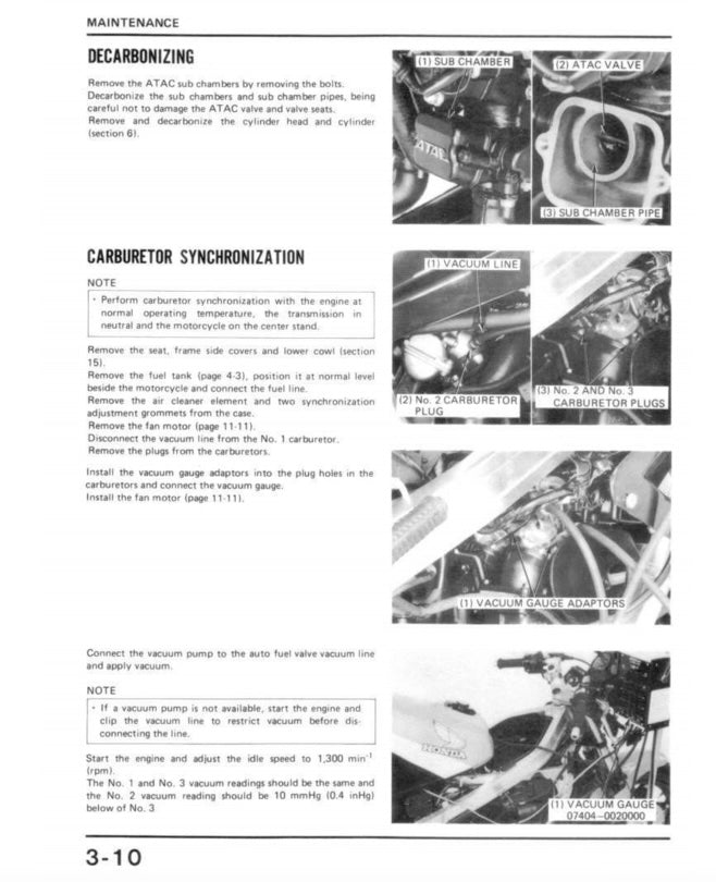 Technical manual page with decarbonizing and carburetor synchronization instructions and diagrams.