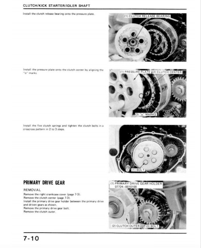 Technical diagram of clutch/kick starter/idler shaft assembly with labeled parts.