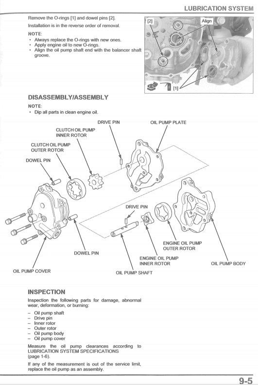 Technical diagram of an oil pump assembly with labeled parts and text instructions.