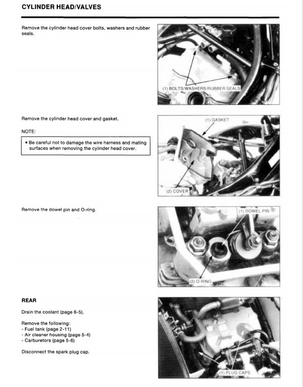 Technical diagram and instructions for removing a cylinder head and related components from an engine.