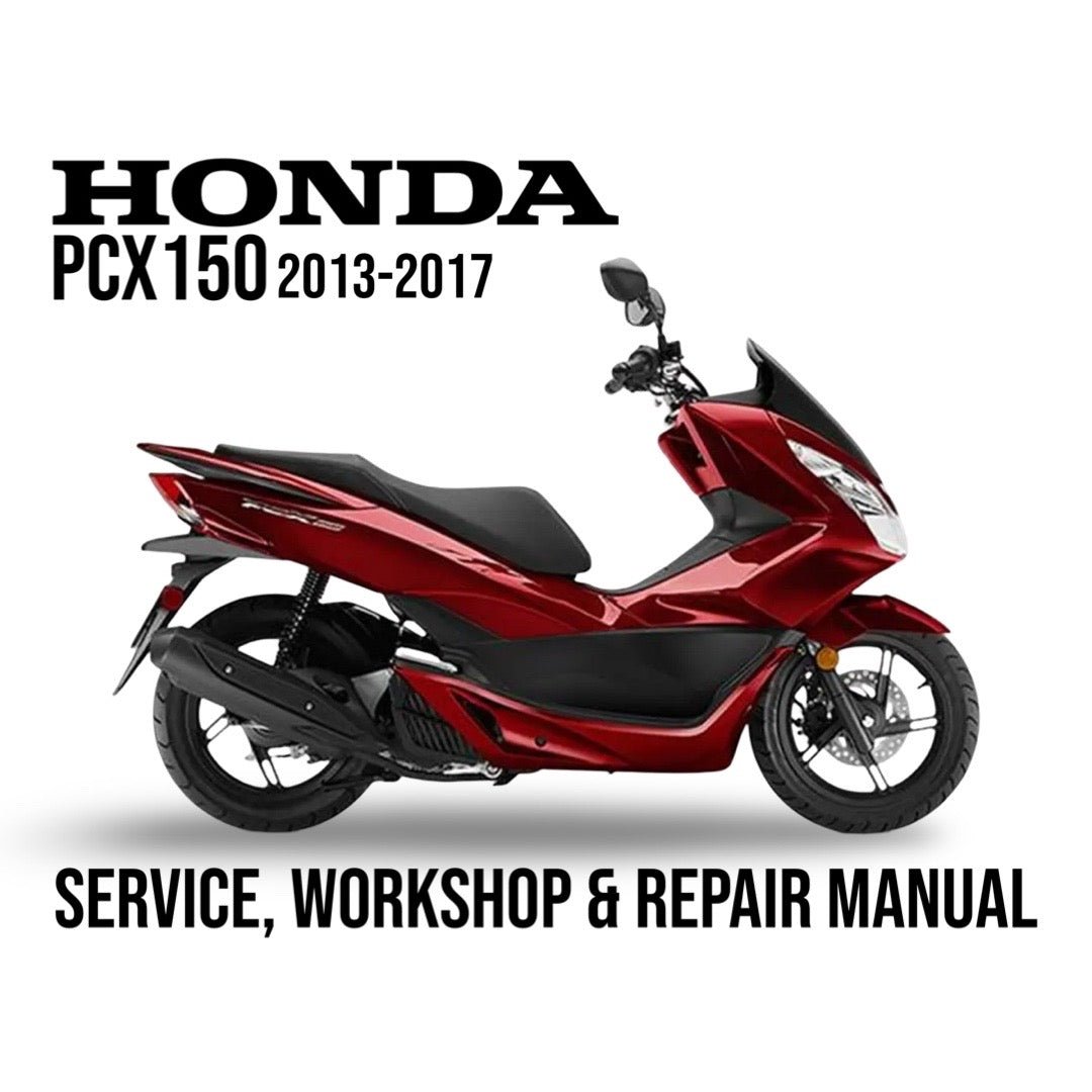 Red Honda PCX150 scooter on a white background with text about service, workshop, and repair manual.
