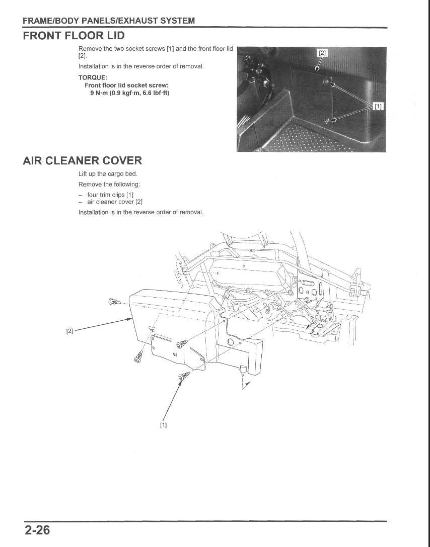 Technical diagram and text for a vehicle's front floor lid and air cleaner cover removal on a white background.