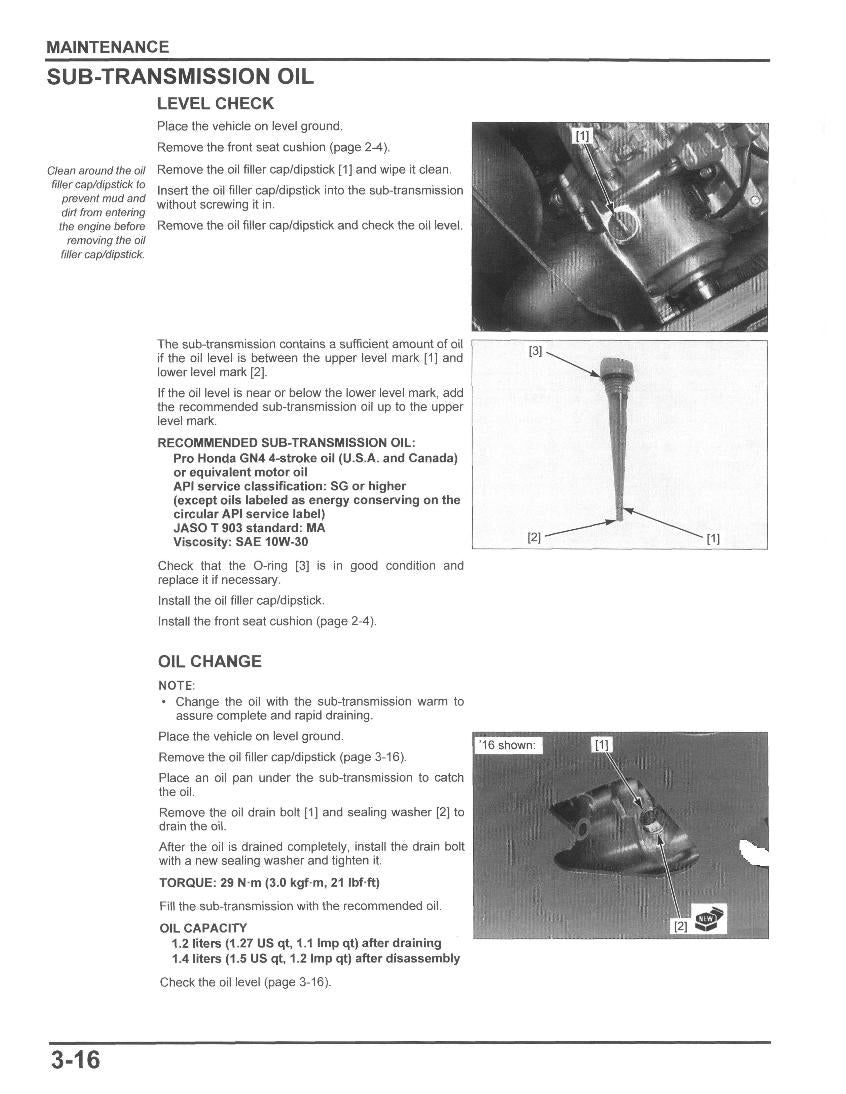 Maintenance instructions for sub-transmission oil level check and change in a vehicle manual.