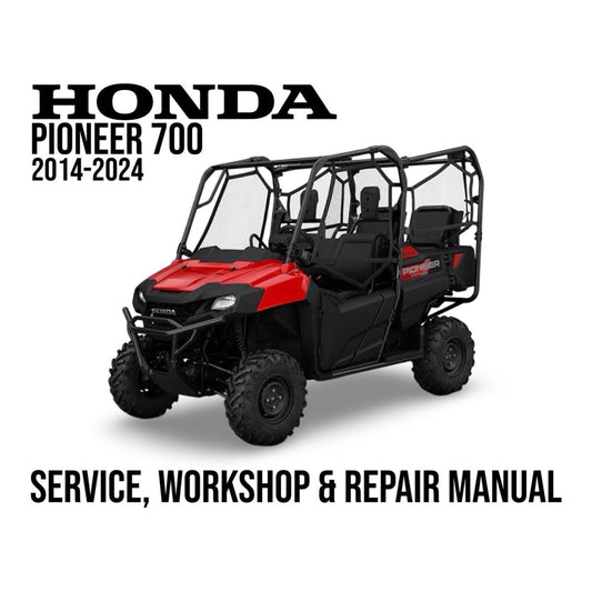 Honda Pioneer 700 UTV with text about a service, workshop, and repair manual on a white background