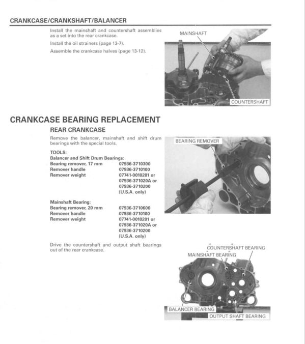Technical diagram and text on crankcase, crankshaft, and balancer replacement with labeled parts.