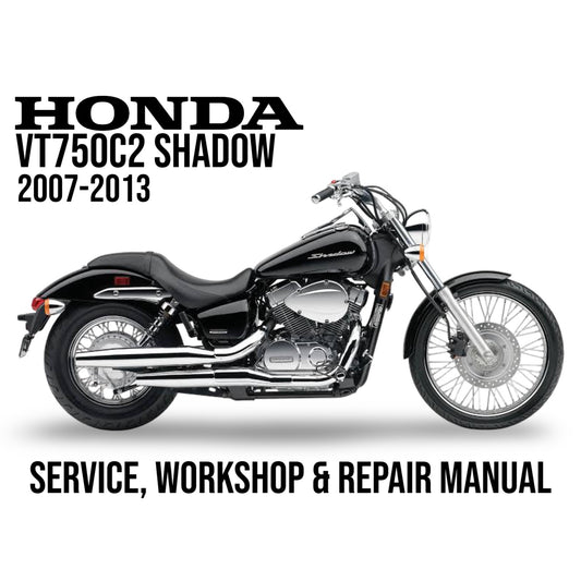 Honda VT750C2 Shadow motorcycle on a white background with text about service, workshop, and repair manual.