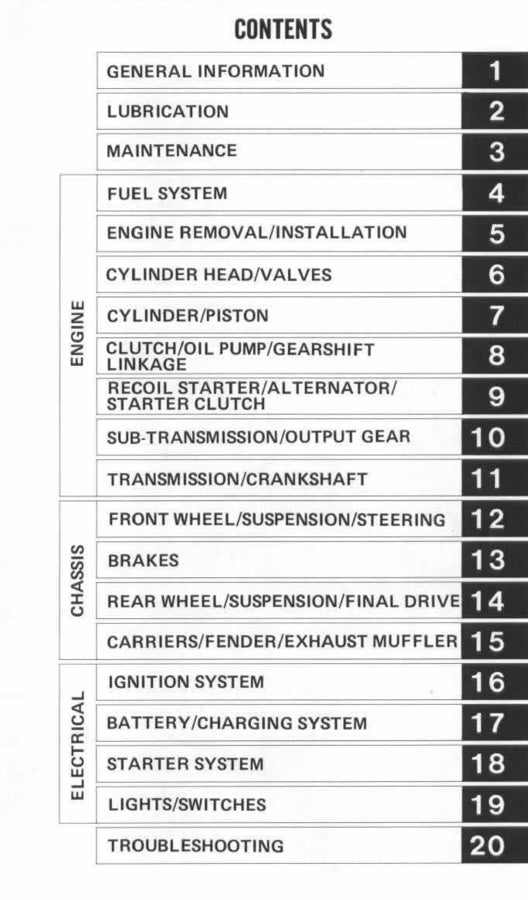 Table of contents for a technical manual on various vehicle systems.