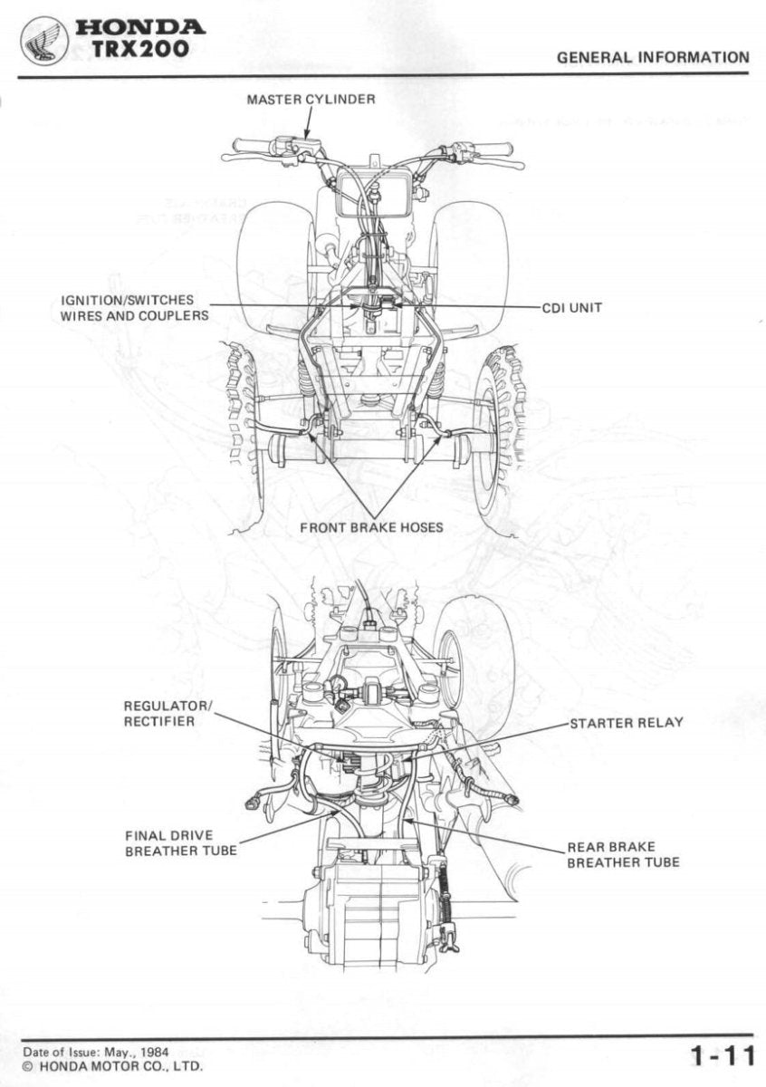 Technical diagram of a Honda TRX200 ATV with labeled parts on a white background.