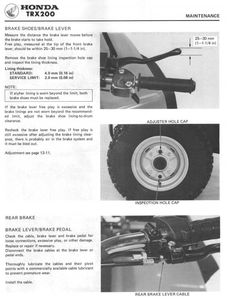 Honda TRX200 maintenance instructions for brake shoes, lever, and lever cable on a white background.