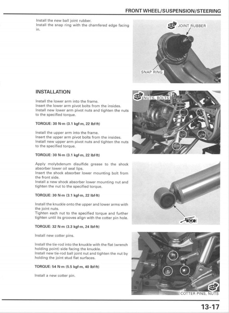 Technical diagram and instructions for front wheel/suspension/steering installation on a vehicle.