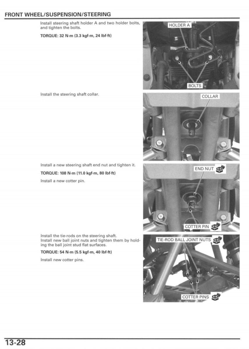 Technical diagram of a motorcycle front wheel/suspension/steering assembly with labeled parts and torque specifications.