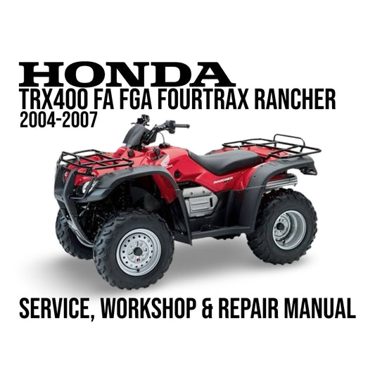 Red Honda FourTrax Rancher ATV with text about service, workshop, and repair manual on a white background
