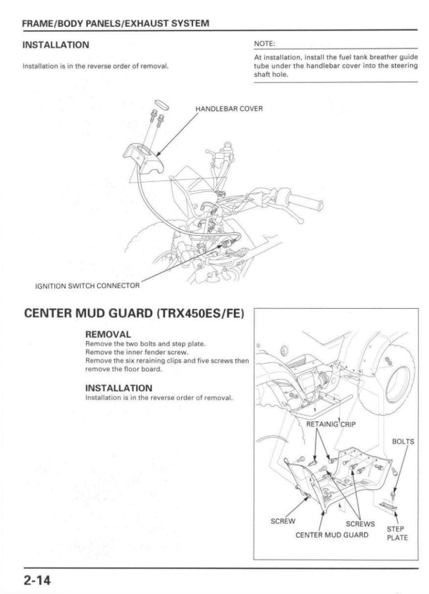 Technical diagram of a motorcycle frame/body panels/exhaust system with installation instructions.