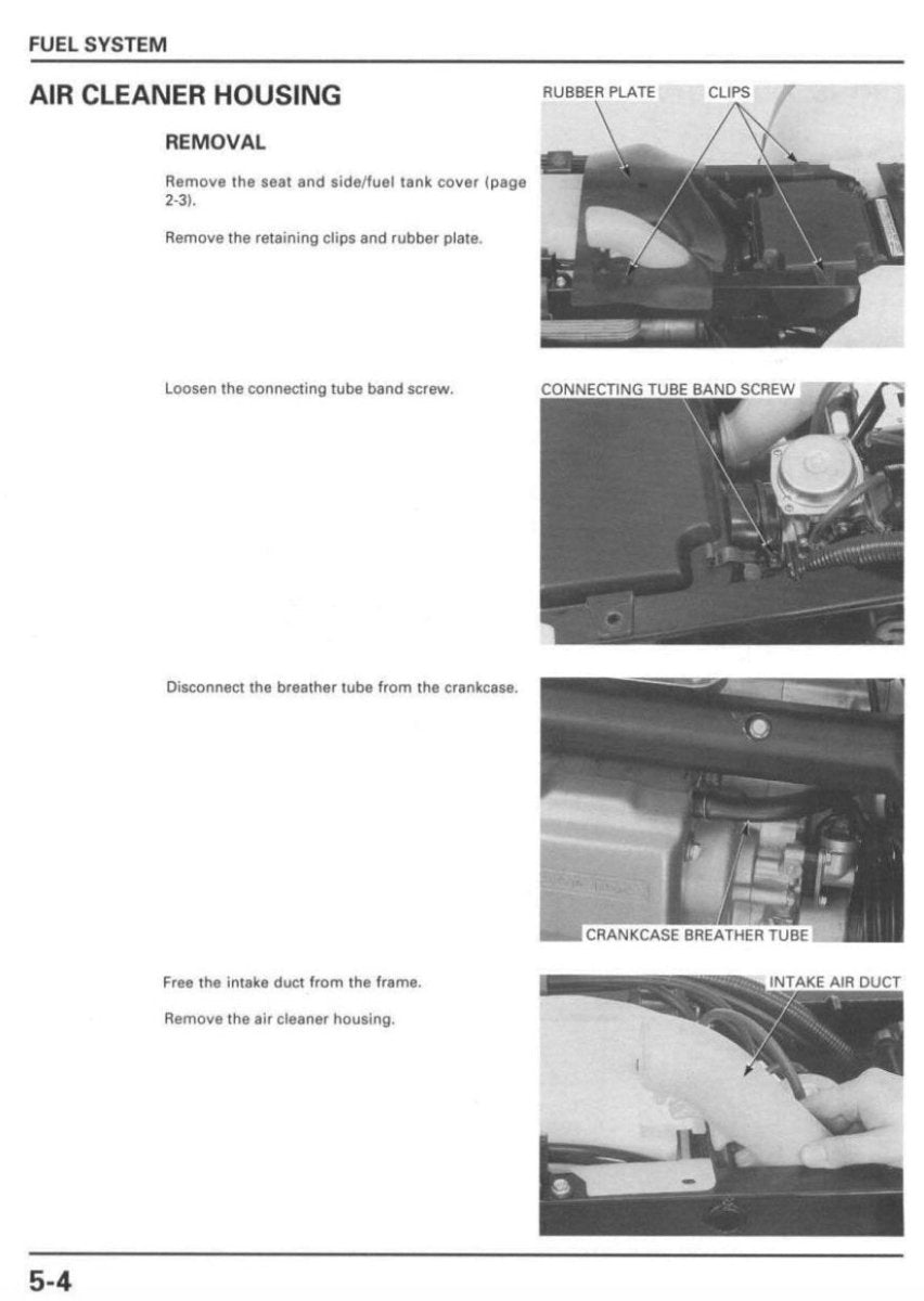 Step-by-step guide on removing an air cleaner housing with labeled images and text.