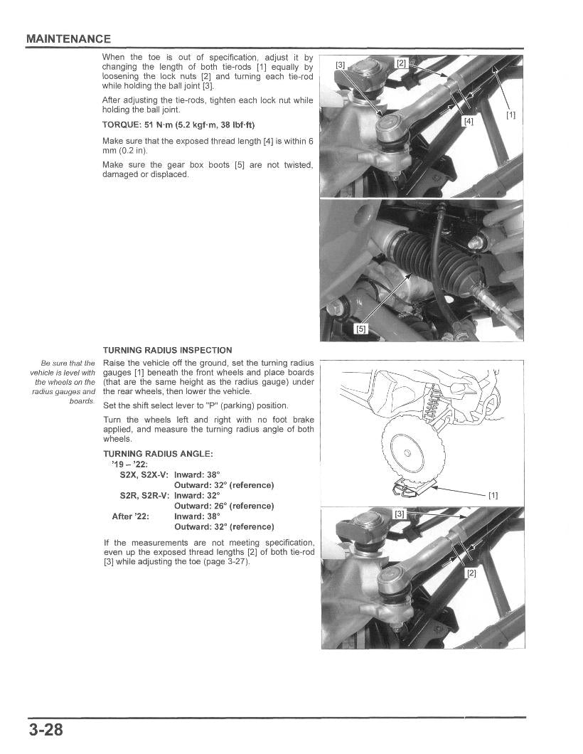 Technical manual page with instructions on adjusting a vehicle's turning radius, featuring diagrams and text.