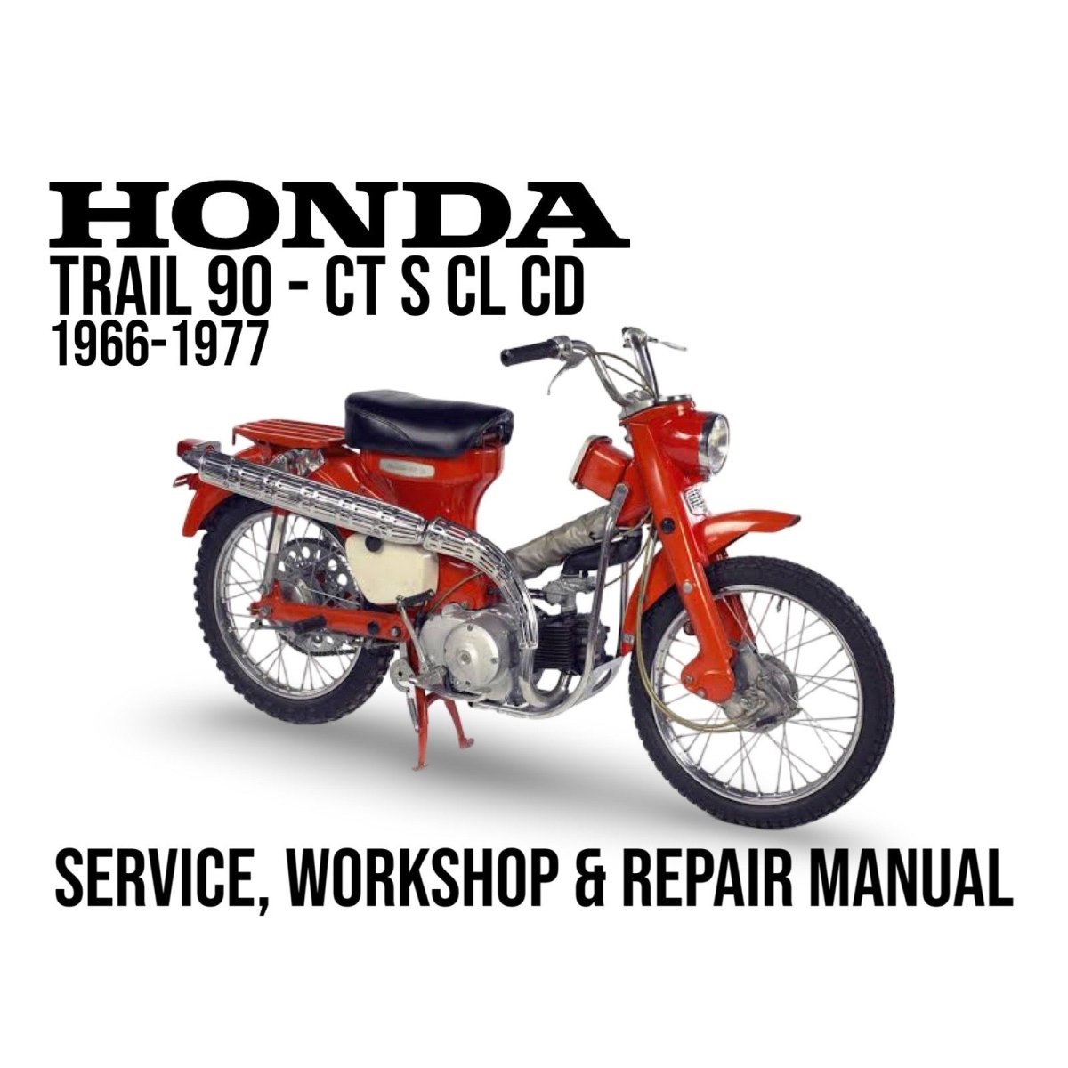 Honda Trail 90 motorcycle on a white background with text about service, workshop, and repair manual.
