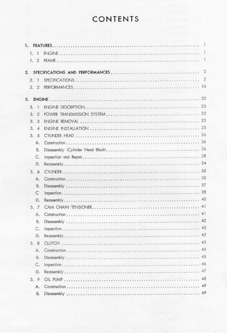Table of contents for a technical document on engine and performance specifications.