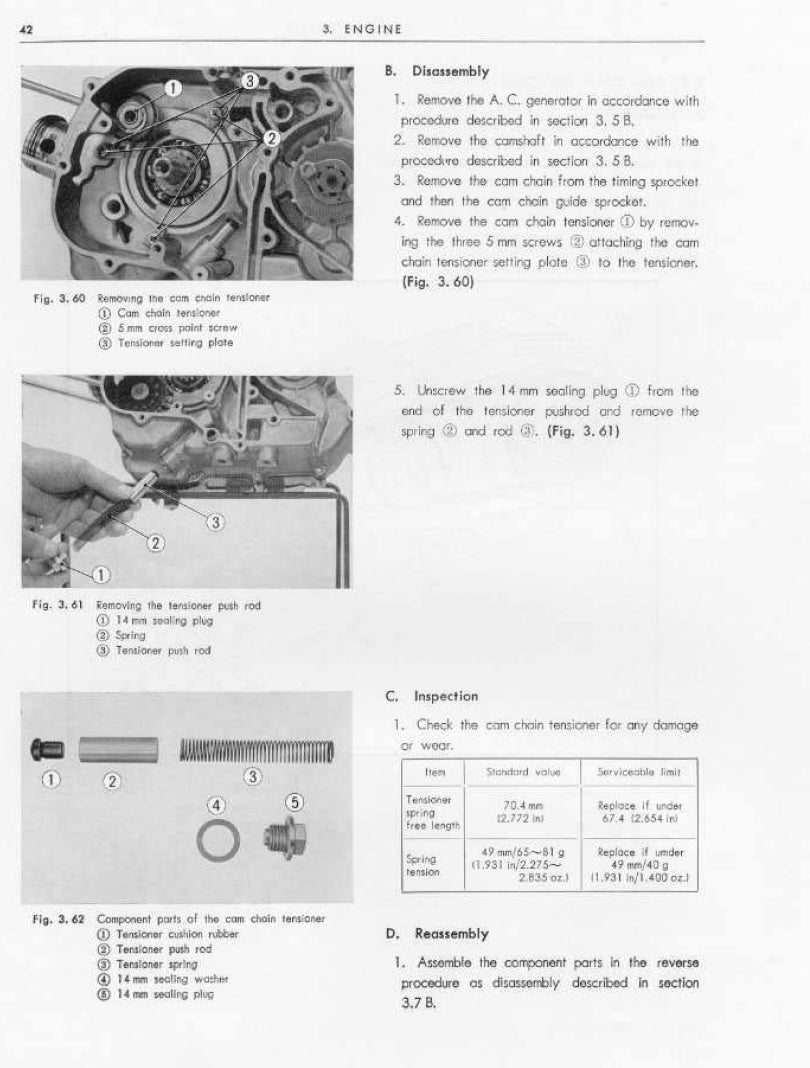 Technical manual page with step-by-step instructions and diagrams for engine assembly and inspection.
