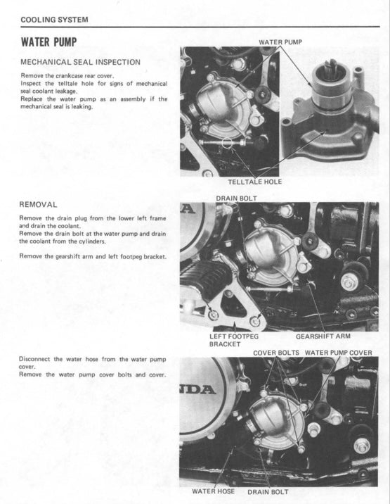 Mechanical diagram of a water pump inspection and removal process with text instructions.