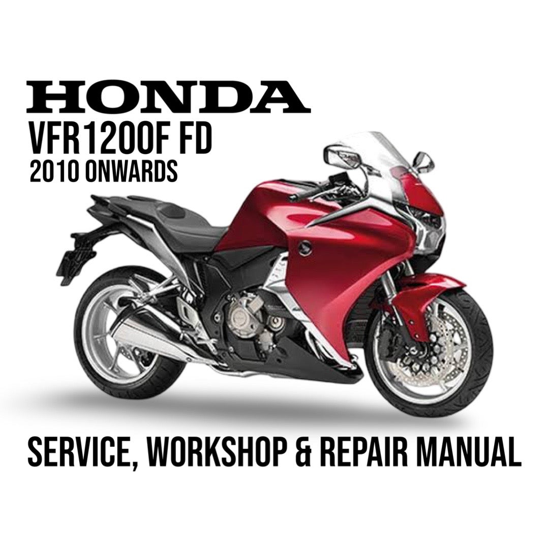 Honda VFR1200F FD service, workshop & repair manual cover with a red motorcycle on a white background.
