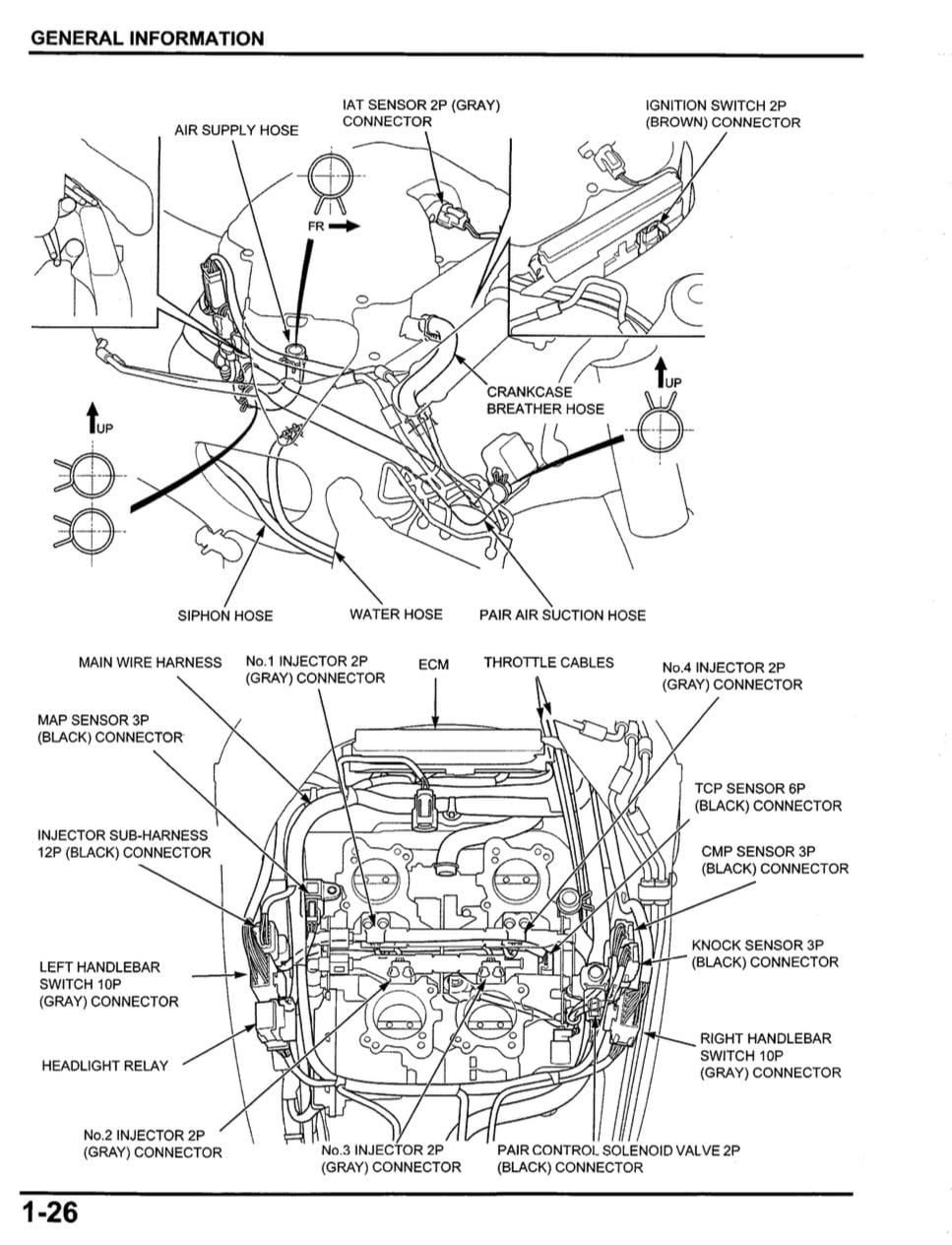 Technical diagram of a vehicle's engine components and wiring harnesses.