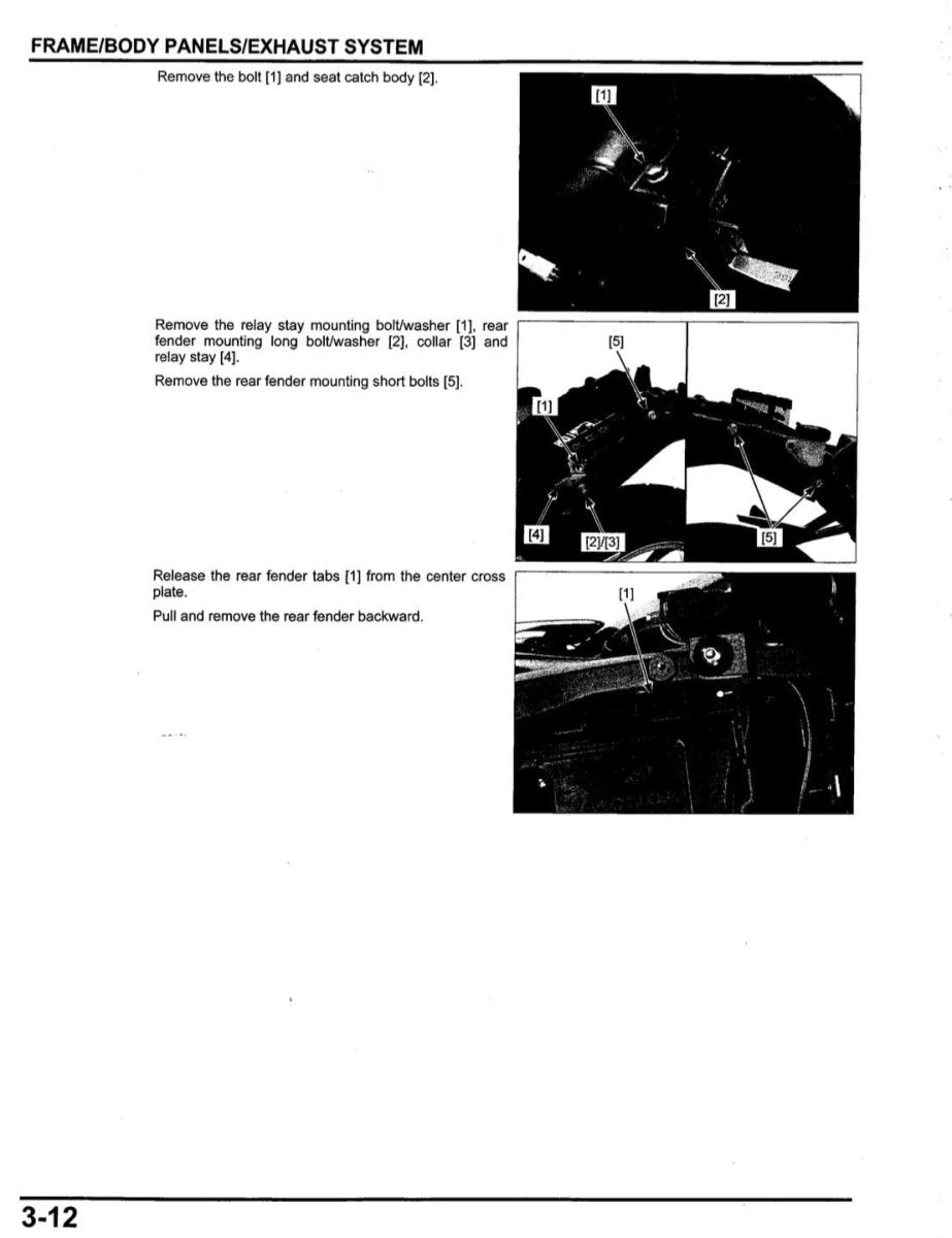Technical diagram and instructions for removing parts from a vehicle's frame/body panels/exhaust system.
