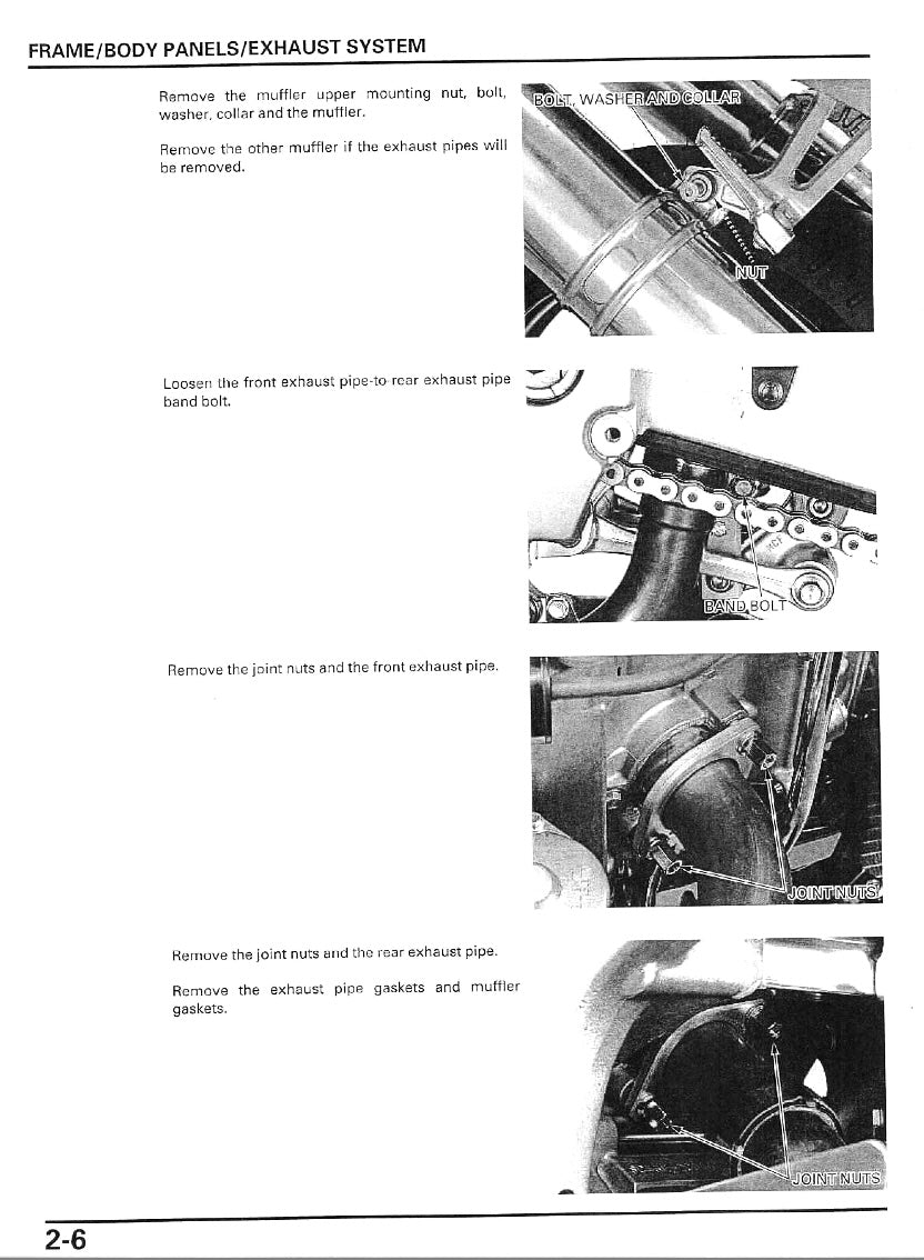 Technical diagram and instructions for removing exhaust system components on a vehicle.