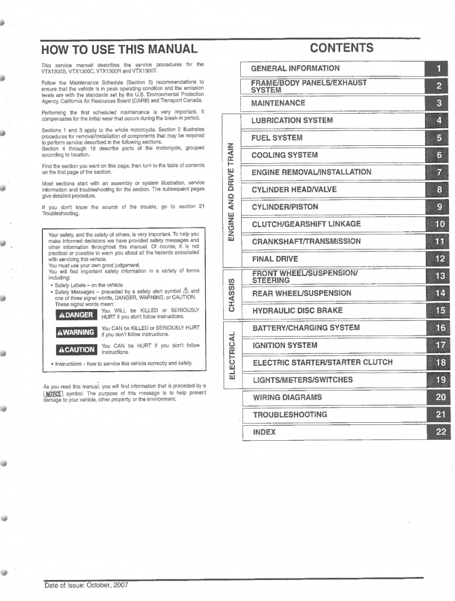 Table of contents for a vehicle service manual on a white background