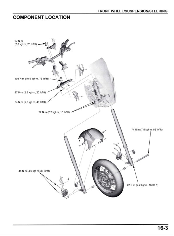 Technical diagram of a front wheel/suspension/steering system with labeled components.