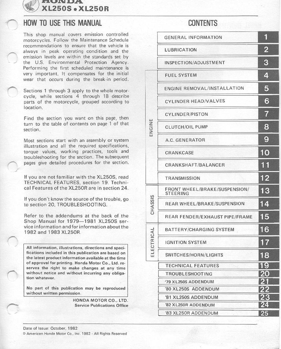 Honda XL250 XL250R XL250S 1978-1983 Service Manual