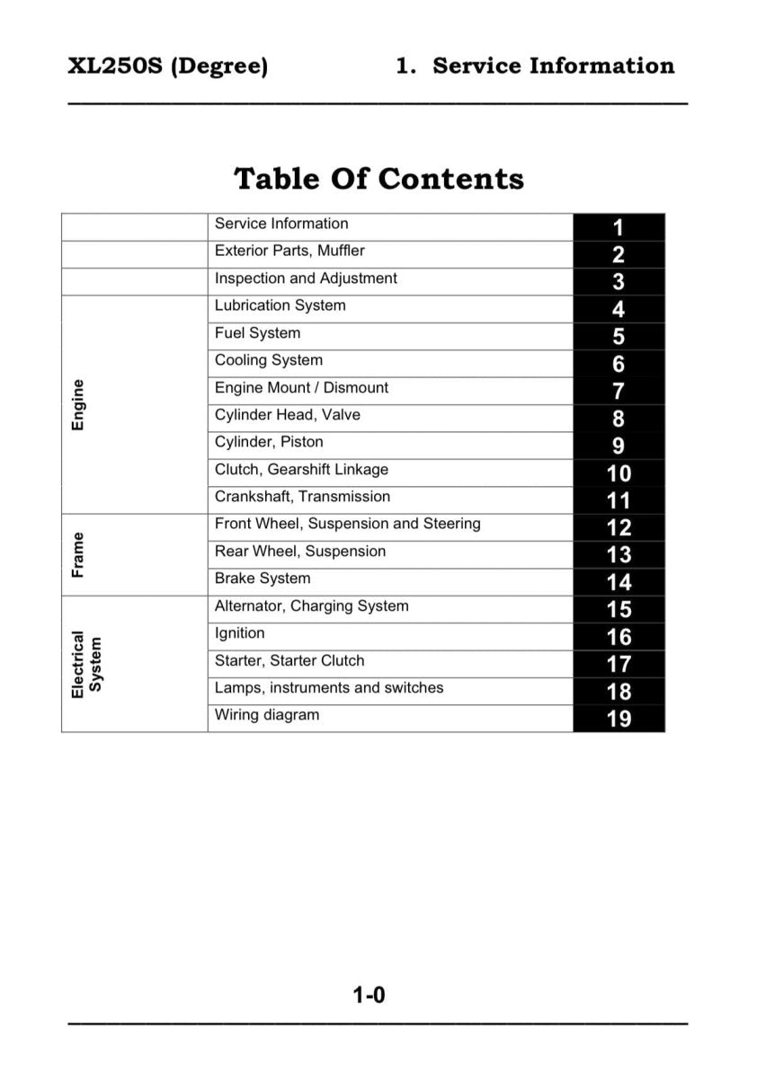 Table of contents for a service manual on a white background