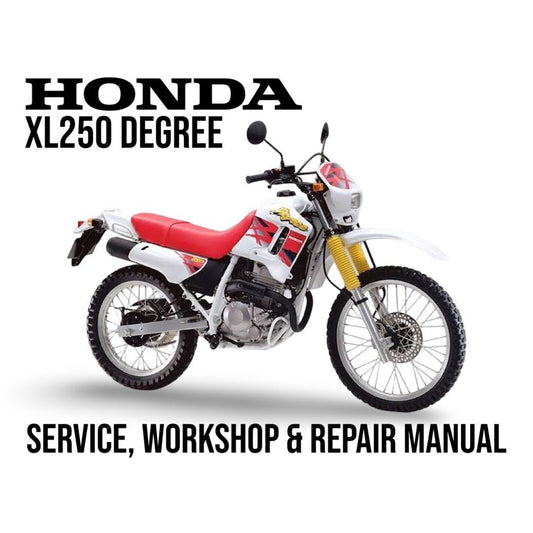 Honda XL250 Degree motorcycle on a white background with text about service, workshop, and repair manual.
