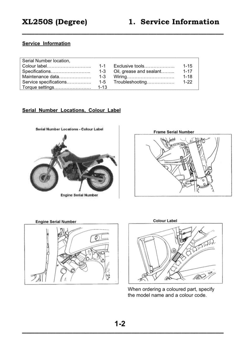 Service information sheet for a motorcycle model XL250S with diagrams and text on serial number locations.