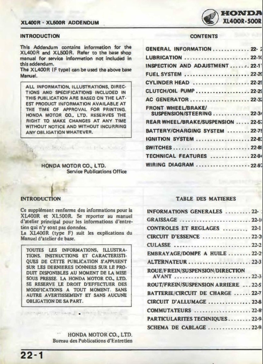 Technical manual page for Honda XL400R and XL500R models with table of contents and introduction text.
