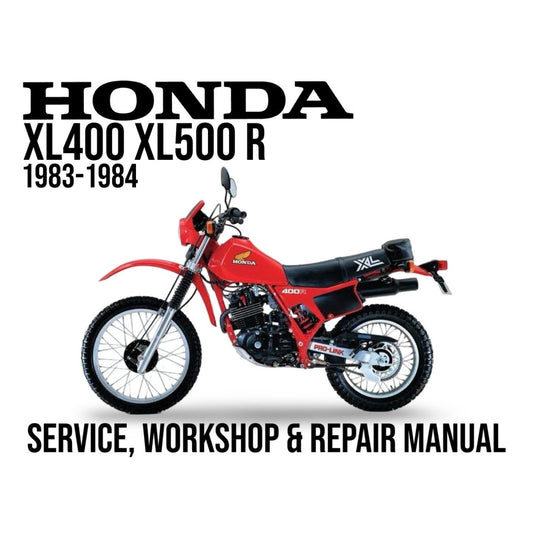 Honda XL400 XL500 R motorcycle on a white background with text about service, workshop, and repair manual.