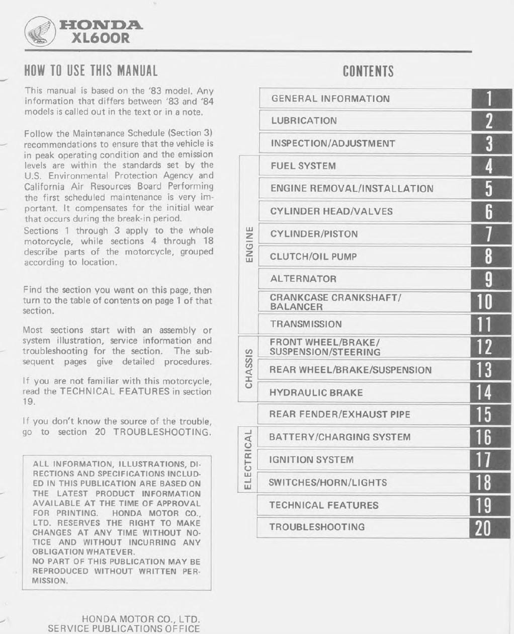 Table of contents for a Honda XL600R service manual on a white background