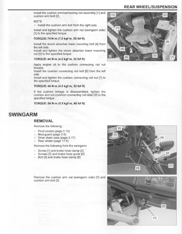 Technical manual page with instructions on rear wheel/suspension and swingarm removal for a vehicle.