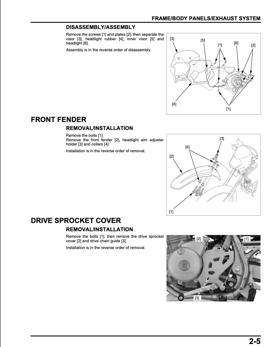 Technical diagram and instructions for motorcycle frame/body panels/exhaust system, front fender removal/installation, and drive sprocket cover removal/installation.