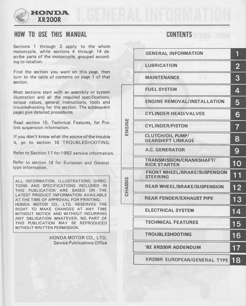 Table of contents for a Honda XR200R service manual on a white background.