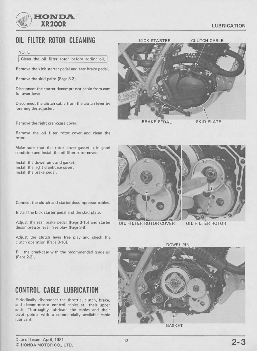 Honda XR200R lubrication manual page with step-by-step instructions on oil filter rotor cleaning and control cable lubrication.